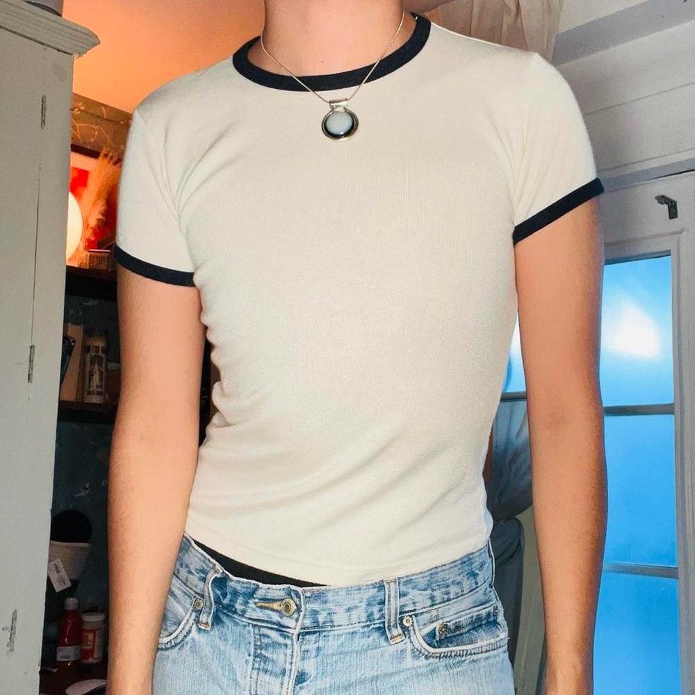 Brandy Melville Classic Cream Ringer Tee with Black Trim - Women